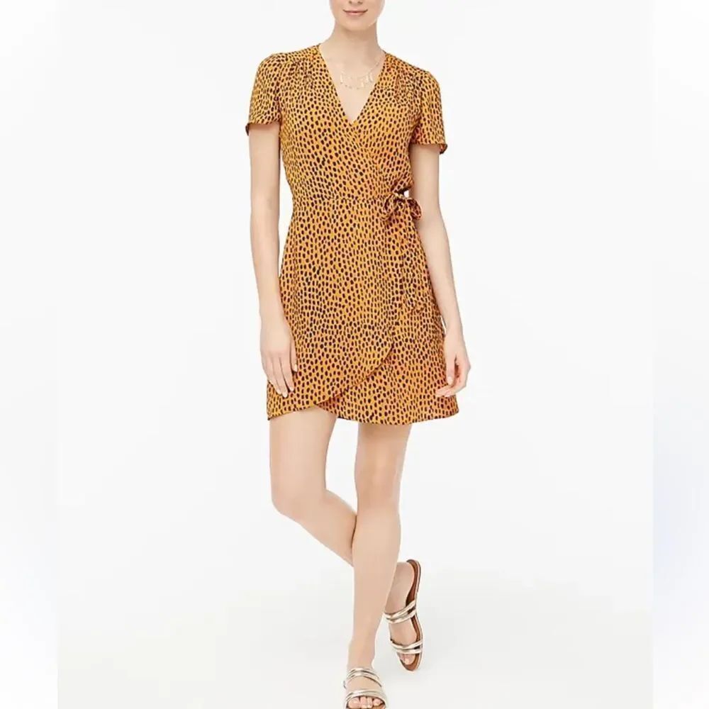 J.Crew Drapey Cheetah Print Twill Wrap Dress with Black Dot Print Mustard